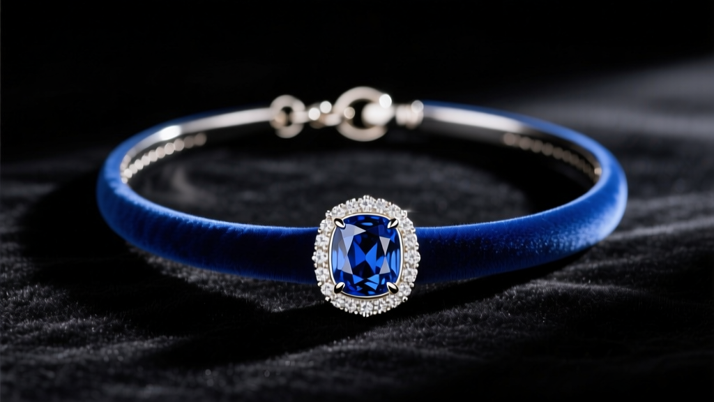 A deep blue sapphire choker necklace on black velvet, showing an 18k white gold bezel setting and a sturdy lobster clasp.