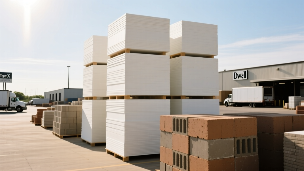 Stacks of Type X gypsum board and masonry blocks at a commercial building materials supply yard in Southfield Michigan