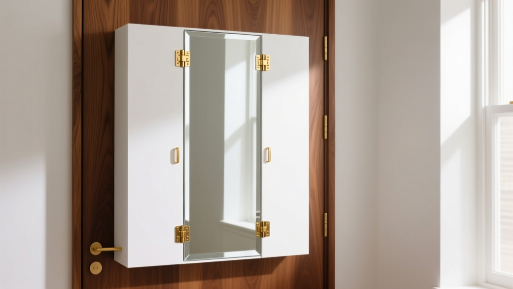 Modern white over door jewelry armoire on an oak door, showing a full-length beveled mirror and gold hinges under soft lighting