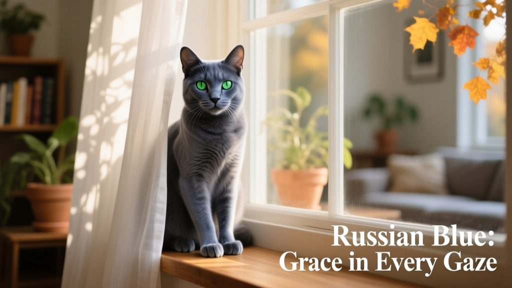 russian blue cat sitting behind window curtain looking at camera