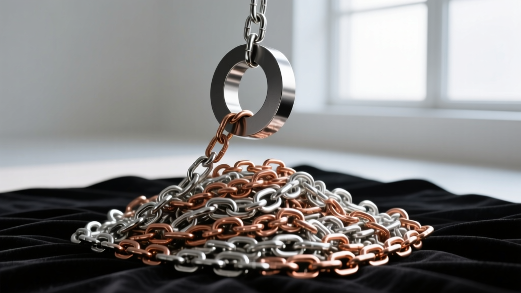 A strong neodymium magnet hovering over a pile of mixed silver and silver-plated copper chains on a dark velvet testing mat.