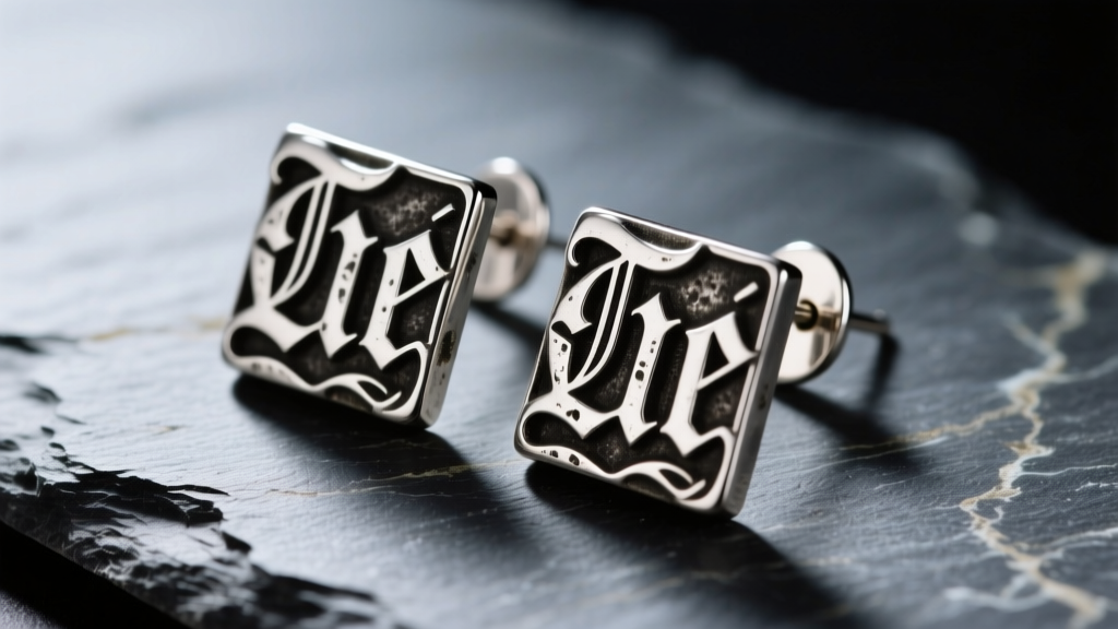 Tarnished sterling silver gothic slogan earrings on slate, highlighting intricate engraving details and oxidized metal crevices.