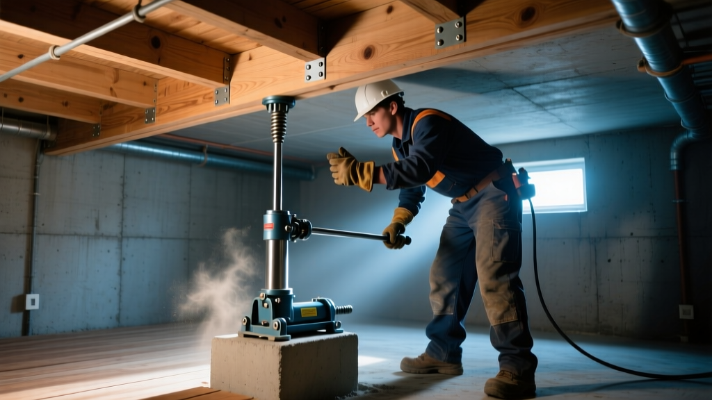 Contractor using a hydraulic jack to lift a wooden floor joist above a concrete pier block in a dimly lit crawl space
