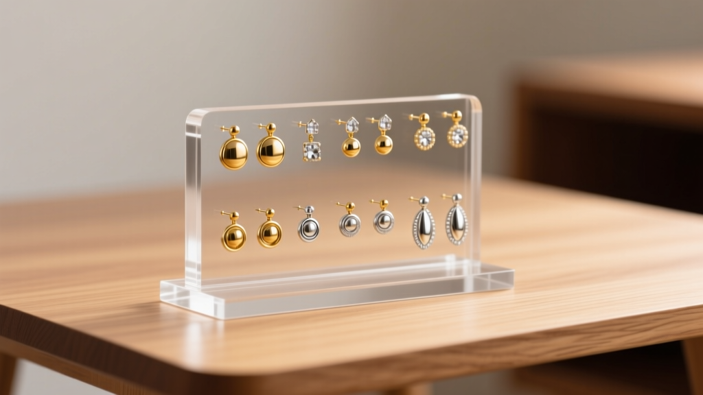 Clear acrylic DIY earring holder displaying gold and silver studs under soft studio lighting on a clean wooden desk surface.