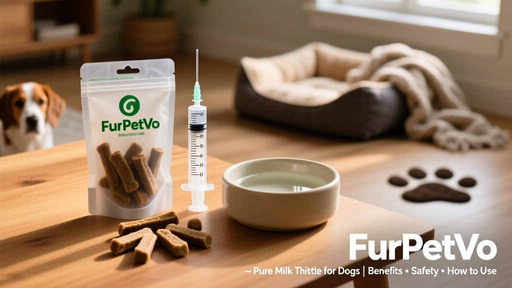 FurPetVo branded milk thistle soft chews arranged beside a measuring syringe and water bowl