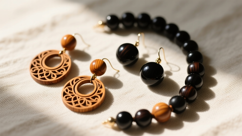 Overhead flat lay of carved sandalwood and ebony bead earrings resting on natural linen fabric with soft diffused morning lighting