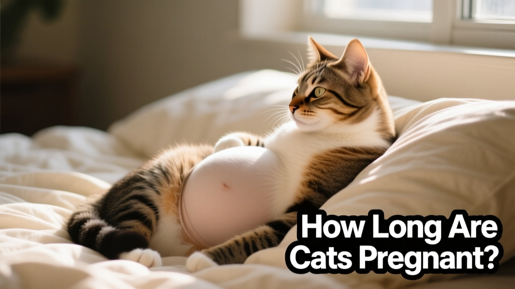 Side profile of a pregnant cat resting comfortably on soft bedding, belly gently rounded