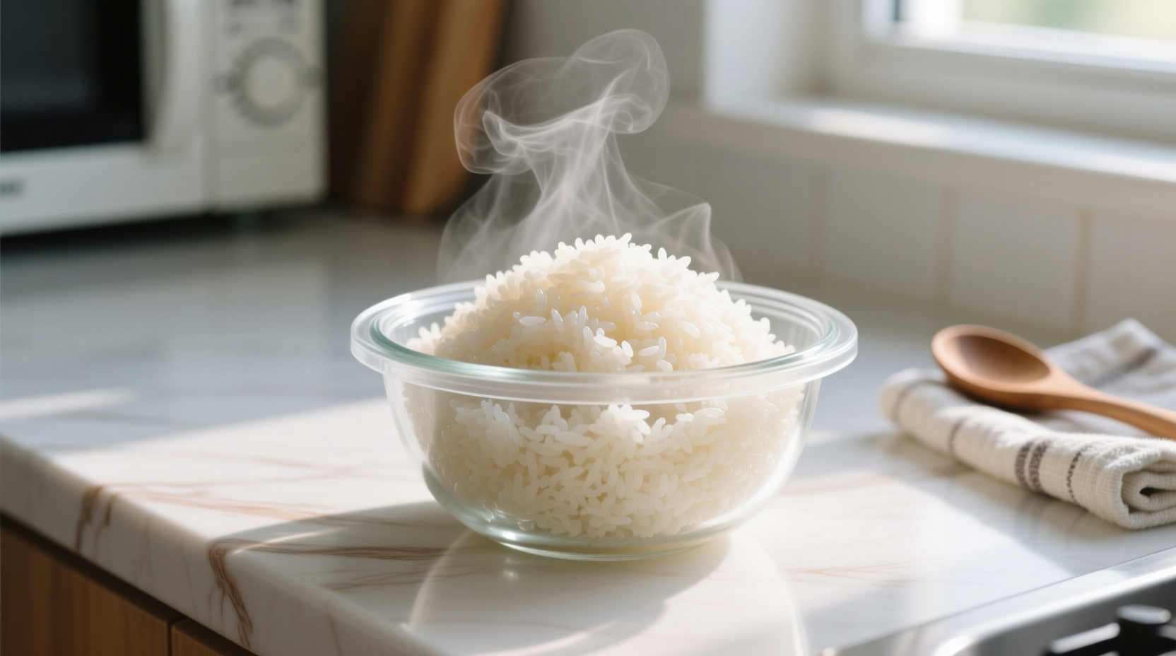 Perfectly cooked fluffy rice in microwave-safe bowl