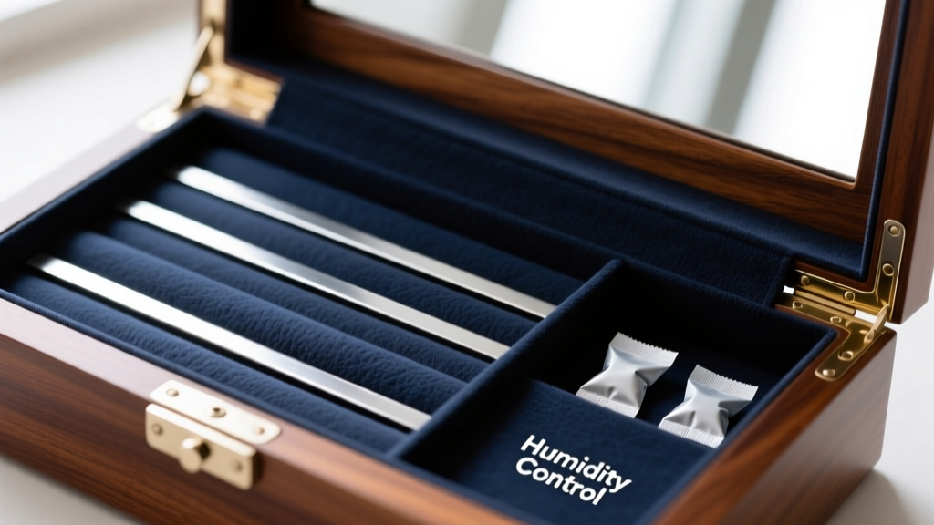 Interior of wooden jewelry box for women showing anti-tarnish cloth lining, silver strips, and silica gel packets for humidity