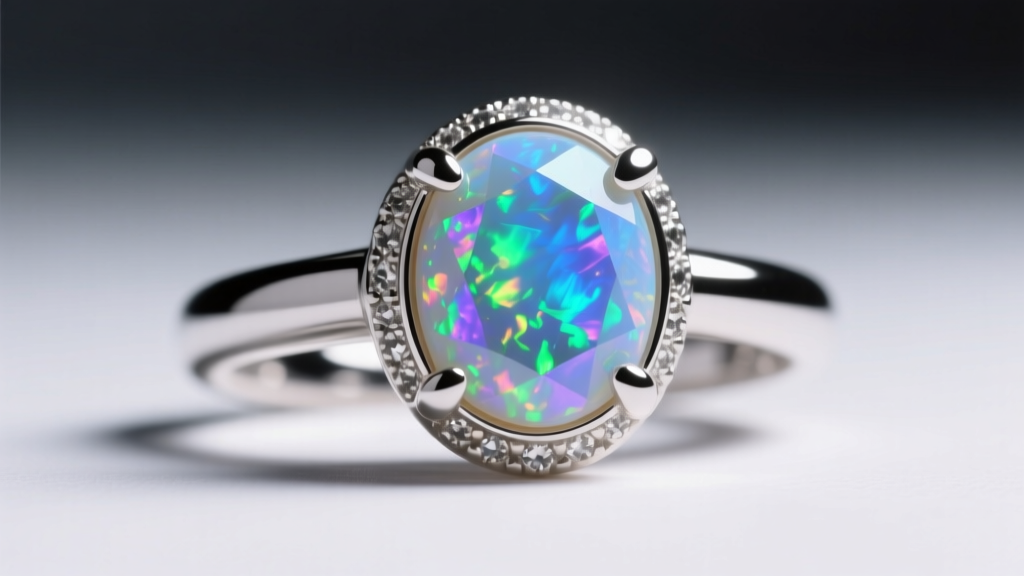 Sterling silver bezel setting securing an opal charm, highlighting polished metal edges and vibrant play-of-color under soft light.