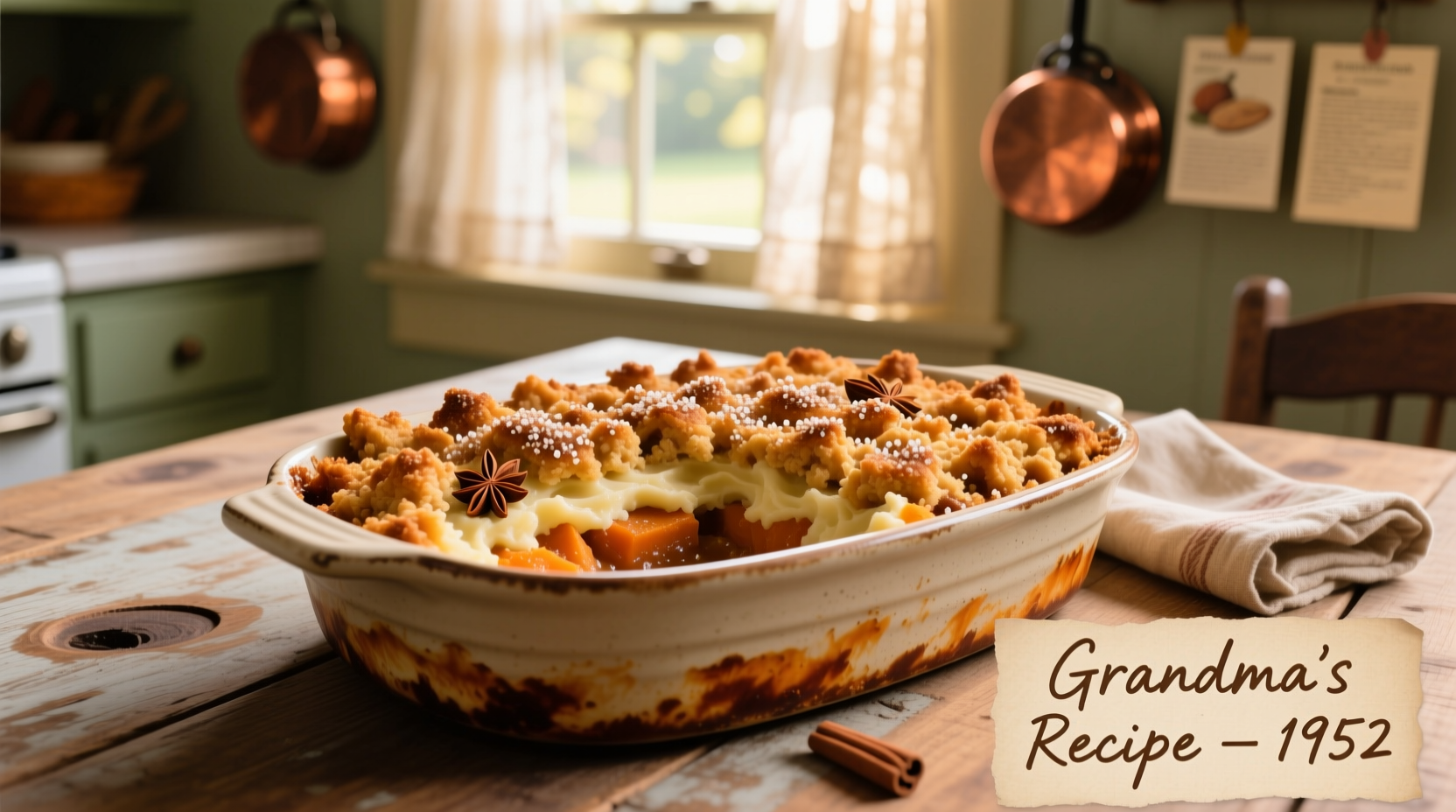 Old fashioned sweet potato casserole with golden streusel topping