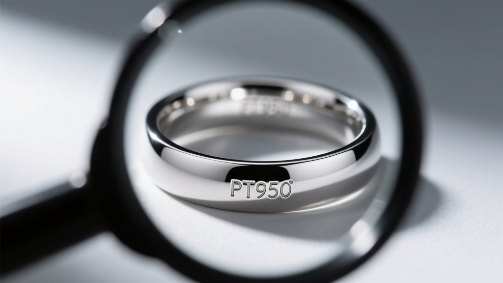 A jeweler's loupe examining a platinum ring's inner band, showing the PT950 hallmark stamp engraved in the polished metal surface.
