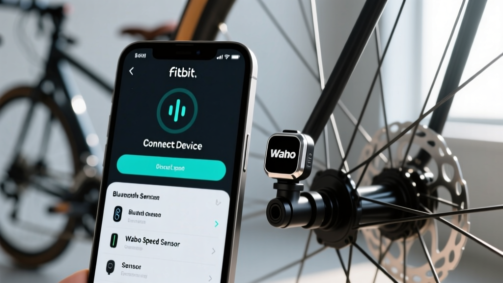 Close-up of a smartphone screen showing the Fitbit app Bluetooth sensor pairing menu next to a Wahoo speed sensor mounted on a bicycle hub