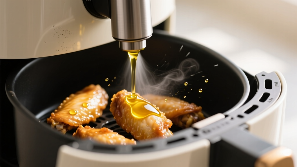 Close-up of a mechanical pump oil sprayer dispensing a fine mist of olive oil onto chicken wings inside a ceramic-coated air fryer basket