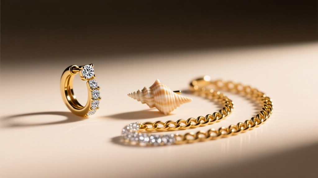 Curated ear setup with a diamond tragus hoop, a conch stud, and helix chains, photographed under elegant warm studio lighting.