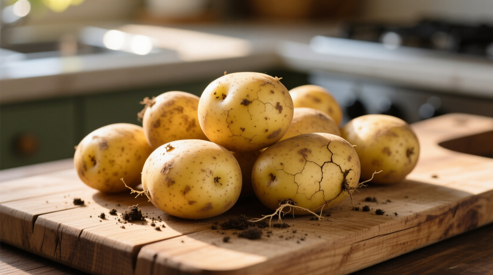Yellow potatoes with skin on wooden cutting board