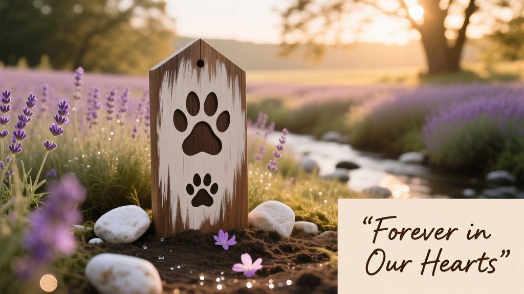 A simple, hand-painted wooden memorial marker nestled among lavender and white stones, beside a small paw-print carving