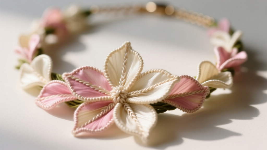 Macro shot of a mulberry silk leis flower necklace showing intricate hand-stitched petals and realistic color gradients.
