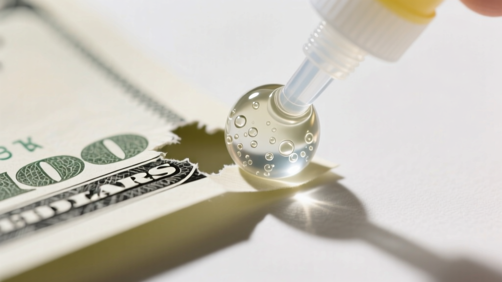 Macro shot of clear glue sealing a punch-hole on a folded paper money bead, bright light, sharp focus on the textured edge.