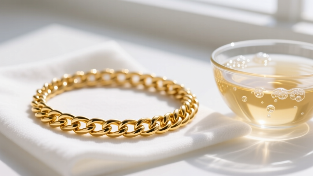 Close-up of an 18k yellow gold rope chain necklace on a white microfiber cloth next to a glass bowl of warm soapy water.