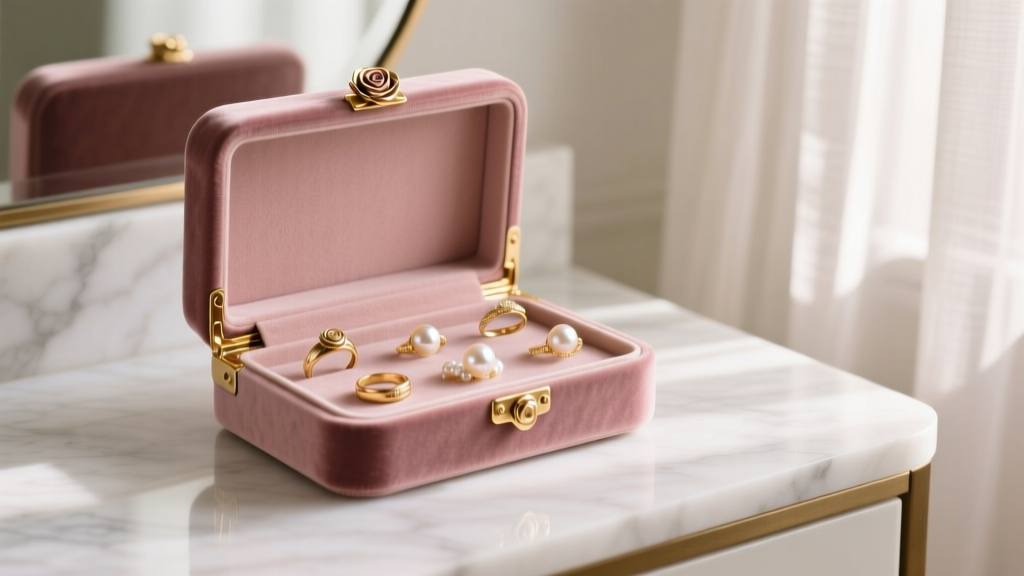 Dusty rose velvet jewelry box with rose gold hinges, displaying gold rings and pearls on a marble vanity in soft morning light.