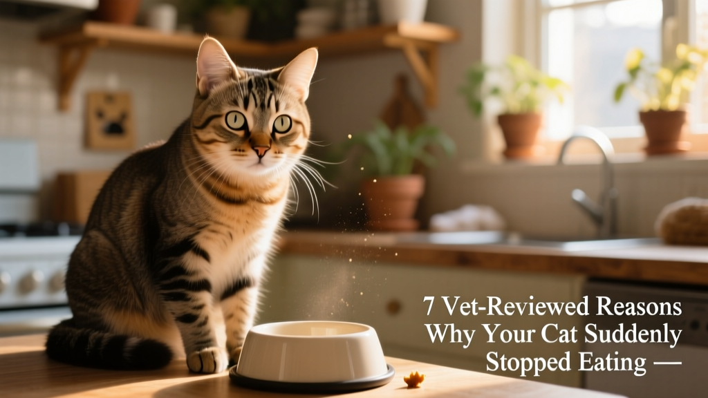 Close-up of a curious but slightly withdrawn cat sitting beside an untouched food bowl