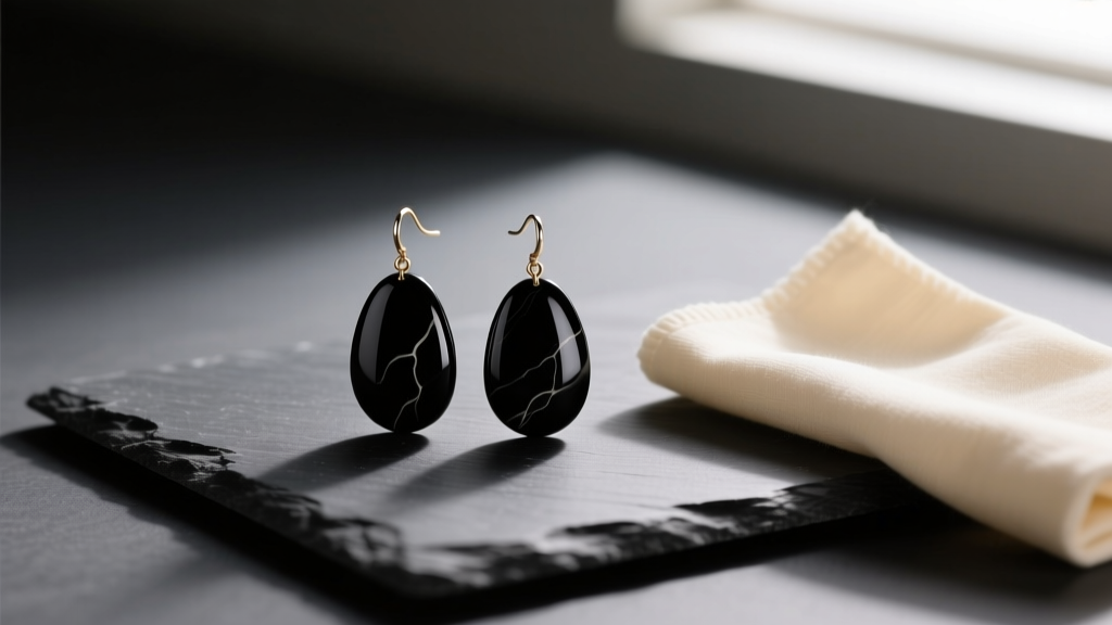 Minimalist flat lay of black onyx drop earrings and a soft polishing cloth on a dark slate surface with moody elegant lighting