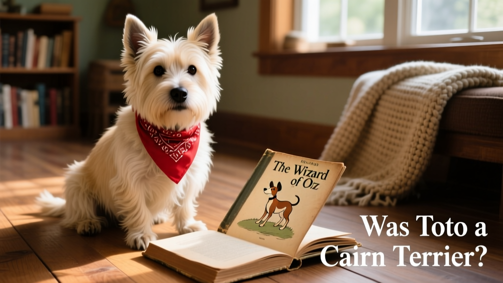 Modern Cairn Terrier wearing a red bandana, sitting beside a vintage copy of The Wizard of Oz book