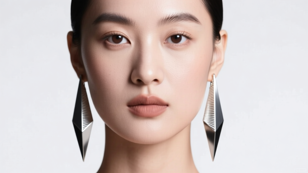 Round-faced model wearing long angular titanium drop earrings, studio lighting highlighting jawline and brushed metal textures.