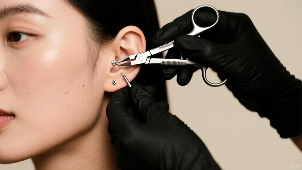 Piercer in dark gloves using sterile hemostats to extract a buried earring back from a client's slightly swollen earlobe.