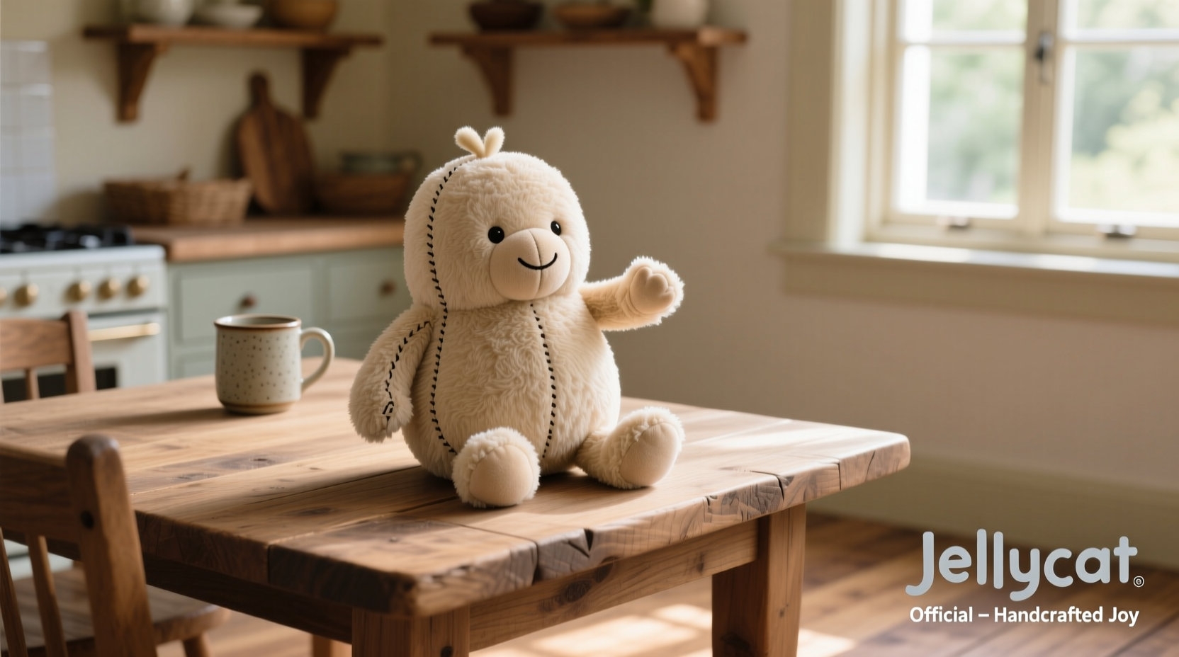 Jellycat Potato plush toy sitting on a wooden table