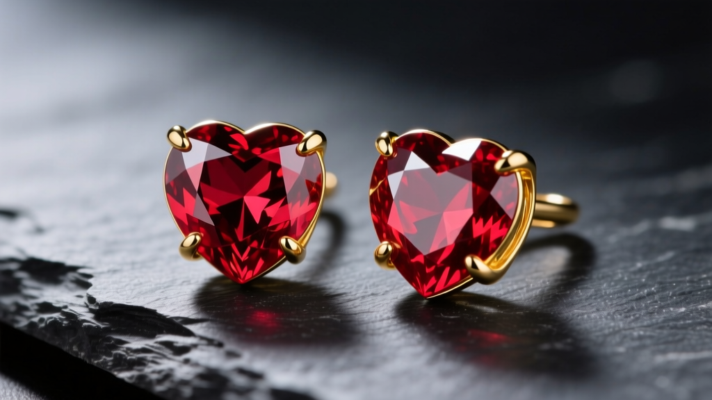Close-up of 18k yellow gold ruby heart earrings on dark slate, showing deep red pigeon blood color and secure V-prong settings.