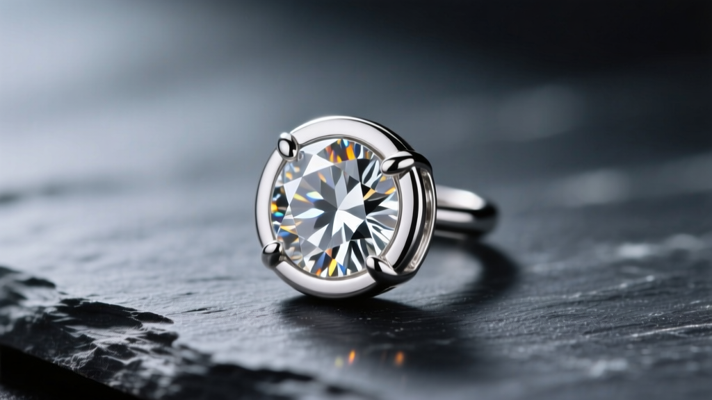 Macro shot of a round brilliant bezel set diamond earring in polished platinum on dark slate, highlighting the seamless metal rim.