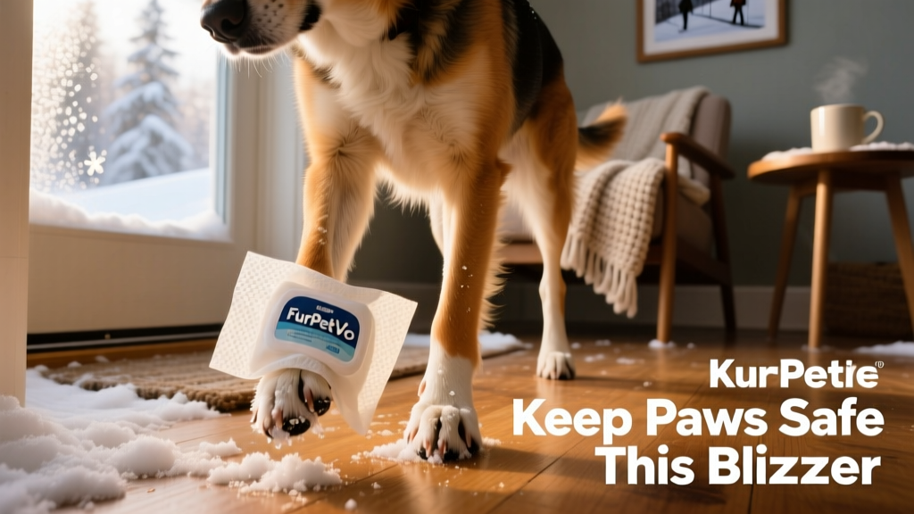 Close-up of a dog’s paws being gently wiped with a FurPetVo grooming wipe after a snowy walk