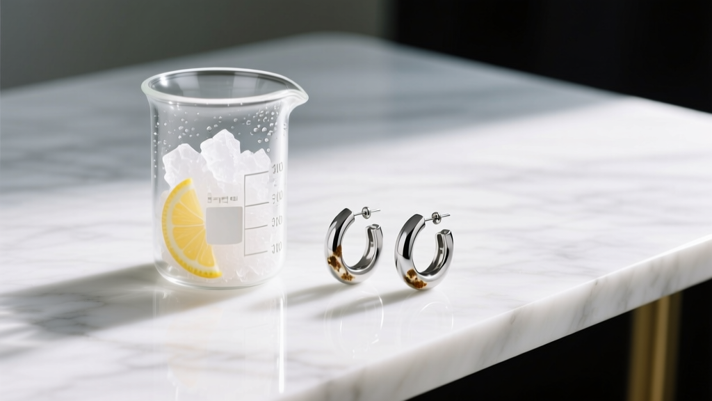 Glass beaker of citric acid beside 316L surgical steel hoop earrings showing faint brown rust spots on a clean white marble desk
