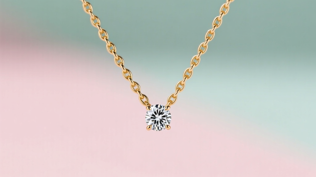 Side profile of a delicate 1mm 18k gold rope chain holding a small diamond pendant, captured against a blurred pastel background.