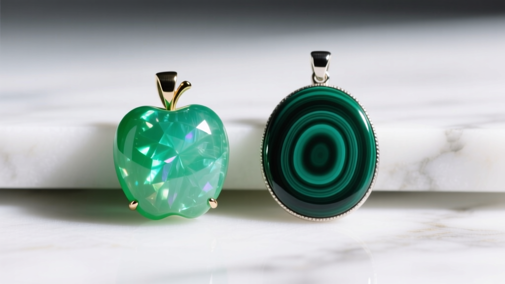 Macro shot of bright apple green chrysoprase VCA pendant next to dark forest green banded malachite VCA pendant on white marble