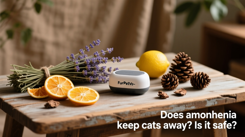 A neatly arranged collection of natural deterrents: citrus peels, lavender stems, pine cones, and a small FurPetVo-branded ultrasonic device