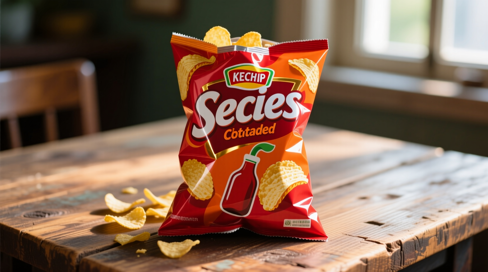 Colorful bag of ketchup flavored potato chips on wooden table