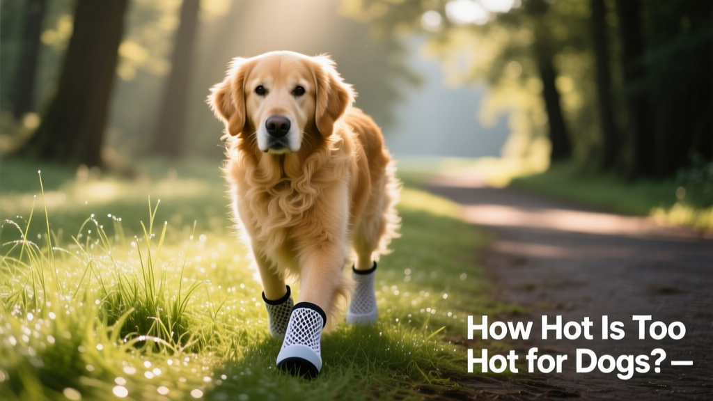A dog wearing lightweight, breathable booties walking on cool grass beside a shaded path