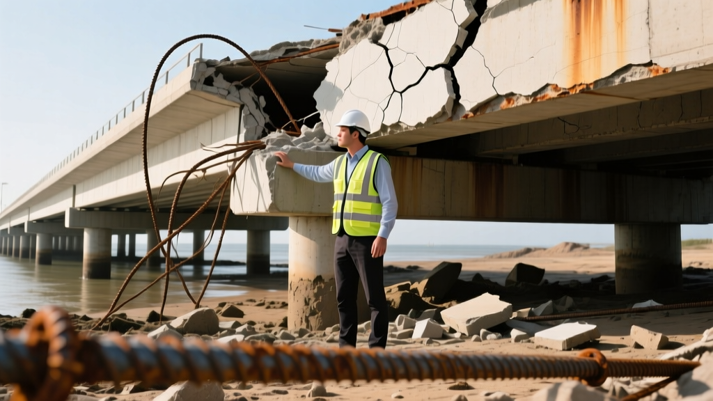 Structural engineer inspecting severely eroded concrete pier and beam foundation with exposed rebar and washed-out clay soil beneath