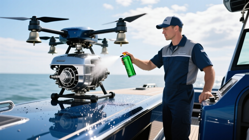 Boater applying anti-corrosion spray to drone motor bells while standing on the fiberglass deck of a center console boat