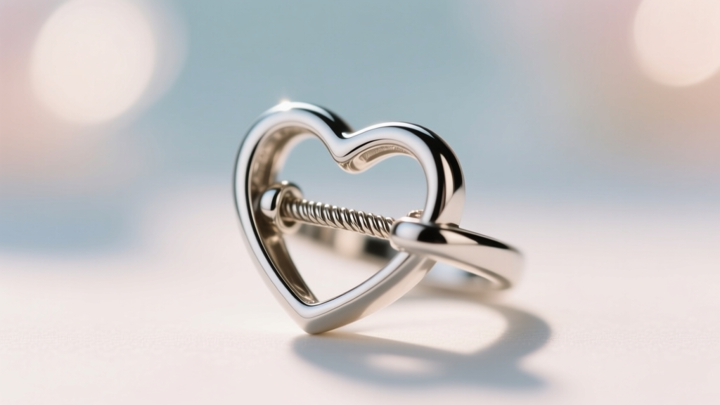 Macro shot of a heart nipple jewelry clasp showing internal threading and a polished edge against a soft, blurred background.