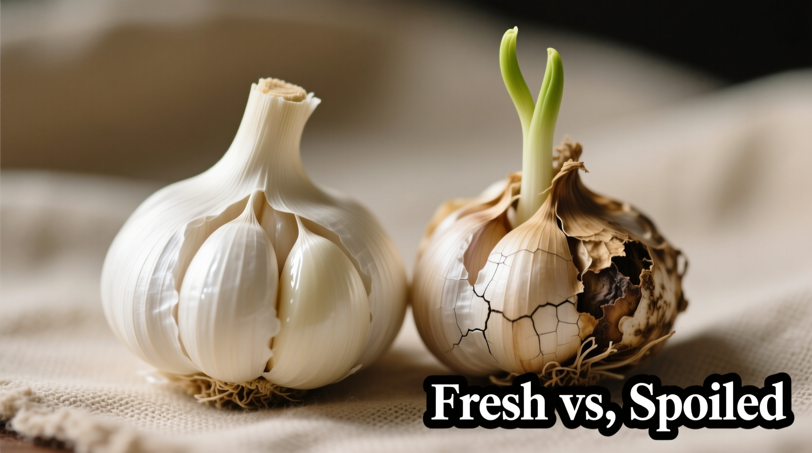 Fresh garlic bulbs next to spoiled garlic with visible sprouts