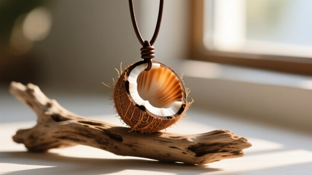 A polished coconut shell pendant on a leather cord resting on driftwood, soft sunlight highlighting its dark organic grain