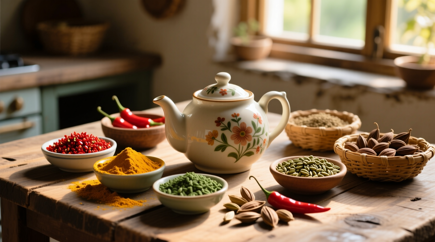 Fresh spices arranged around teapot