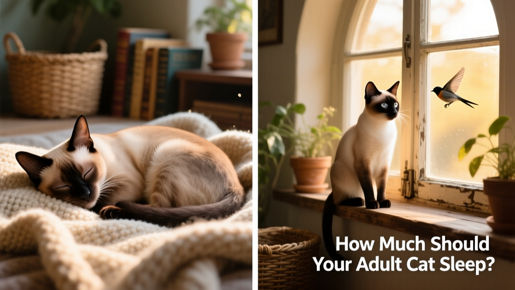 Side-by-side comparison showing a cat sleeping peacefully versus a cat alert and watching from a perch