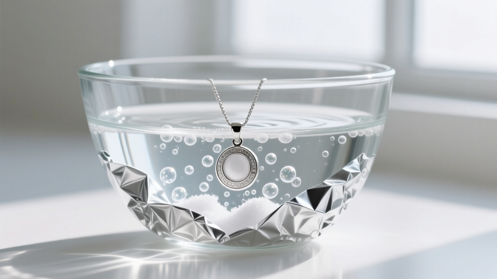 Glass bowl lined with aluminum foil showing a silver pendant submerged in a fizzy baking soda and hot water cleaning solution