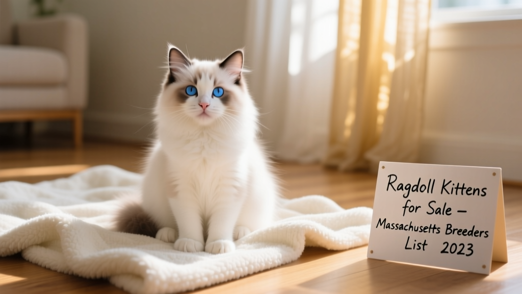 A gentle, blue-eyed Ragdoll kitten sitting calmly on a soft blanket
