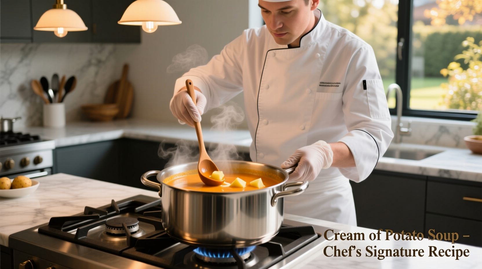 Chef preparing velvety cream of potato soup in stainless steel pot